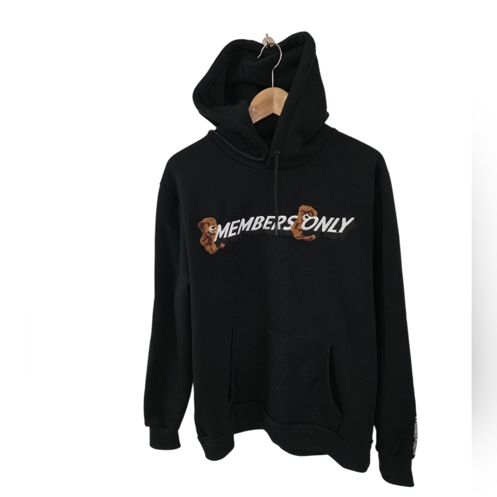 NWT Members Only Embroidered Graphic Bear Hooded Sweatshirt Black Size Medium
